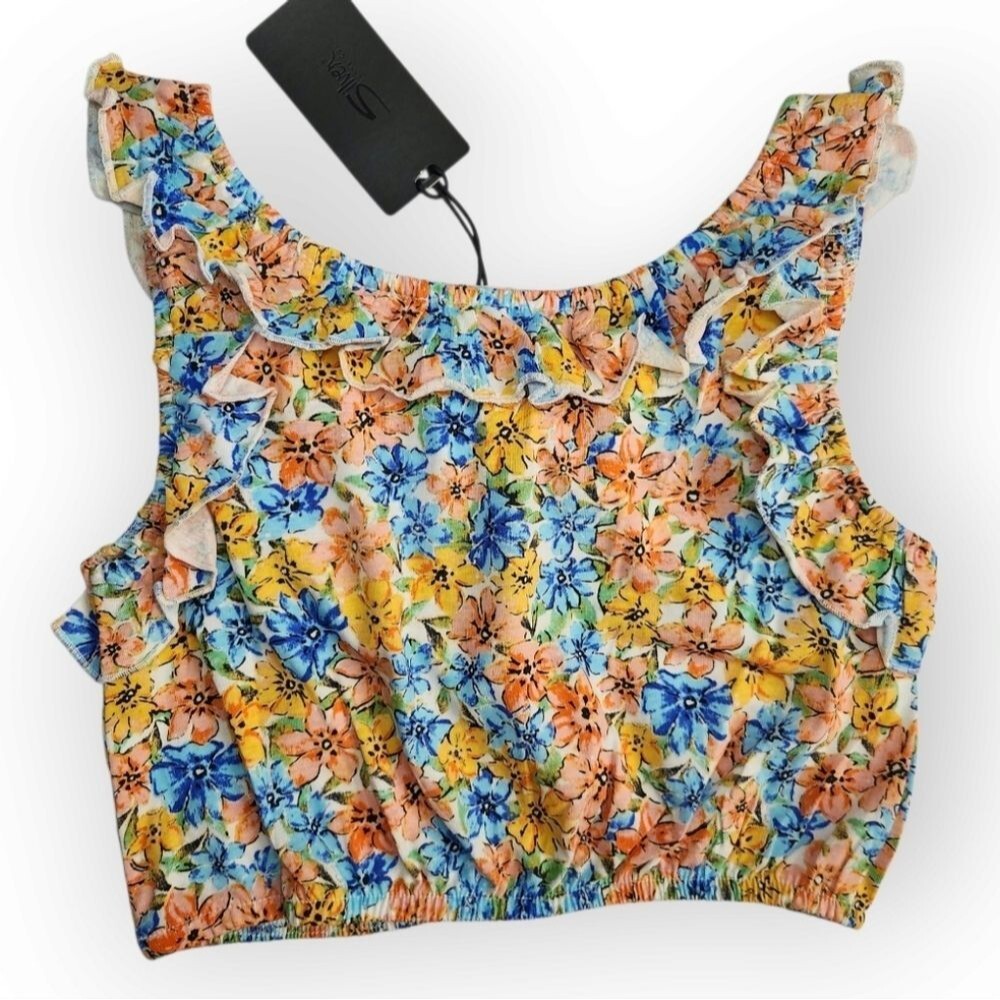 Silver Jeans Co Girls Youth Floral Pink Orange Blue Ruffled Crop Tank Top Size L - Picture 2 of 8